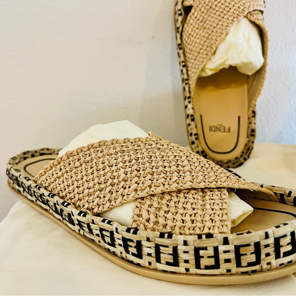 FENDI 7X1421 Sandalo Rafia Logo Slide Sandals Leather Viscose Sz 40 Pre-Owned